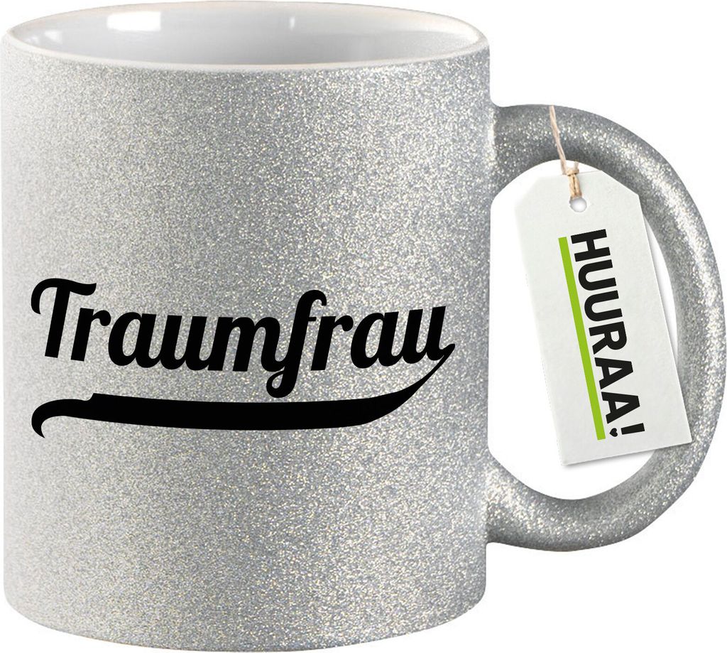 Huuraa Glitzertasse Traumfrau Schriftzug 330ml Silber Keramik Kaffeebecher Geschenkidee