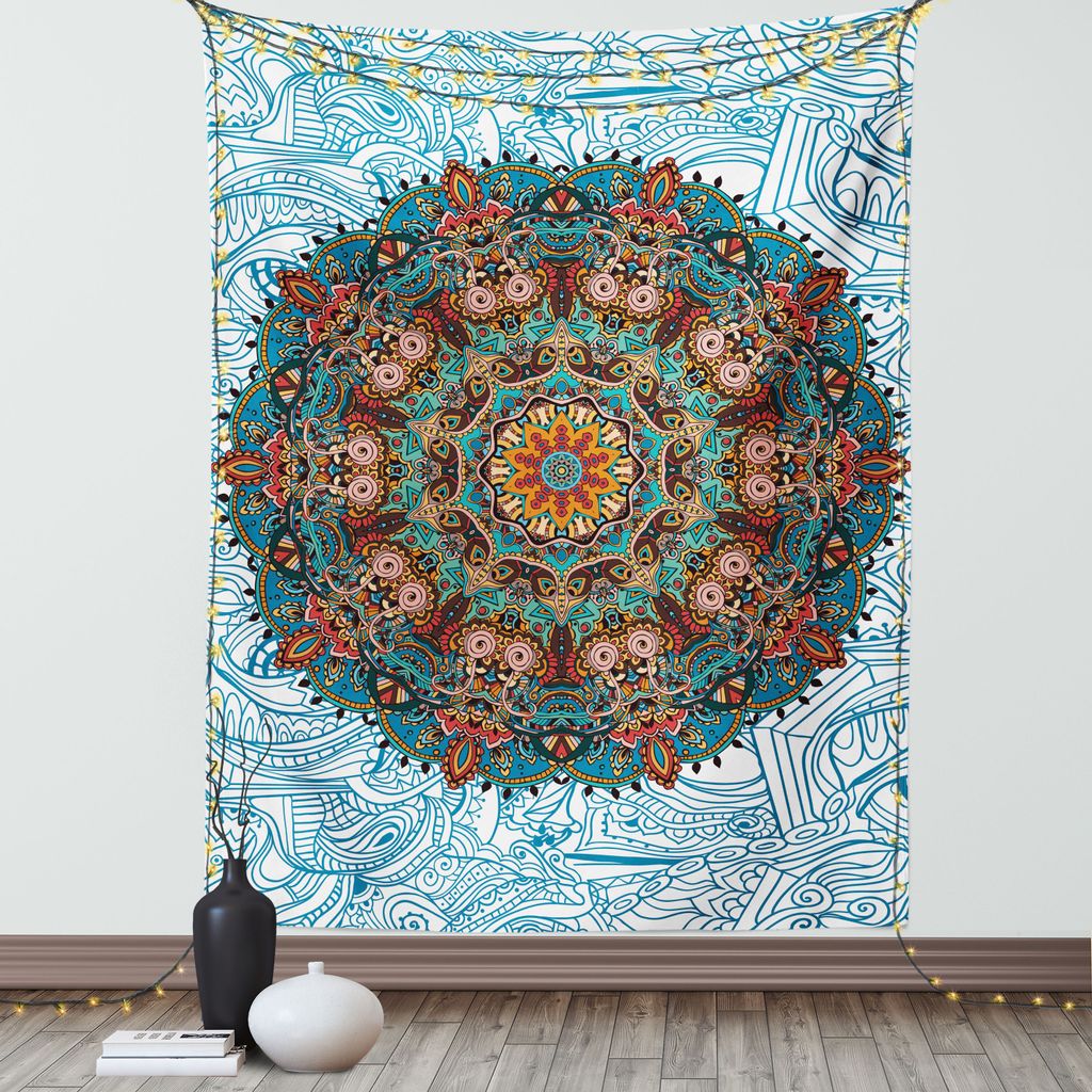 ABAKUHAUS Mandala Wandteppich, Östliche runde mit Blumenverzierung mit Arabesque-Einflüssen auf blauem und weißem Hintergrund, Wohnzimmer Schlaf...