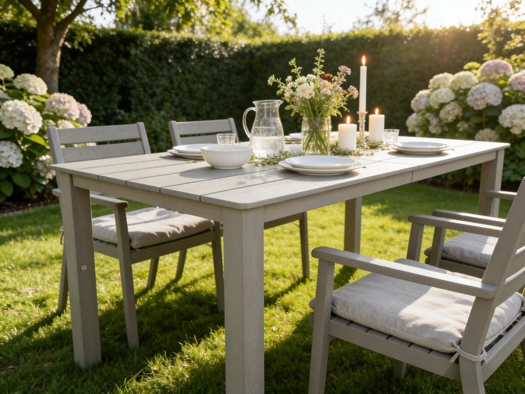 Williamspace Allwetter-Outdoor-Esstisch mit Schirmloch aus High-Impact-Polystyrol, wetterfest & pflegeleicht, für Terrasse, Garten & Balkon, hellgrau