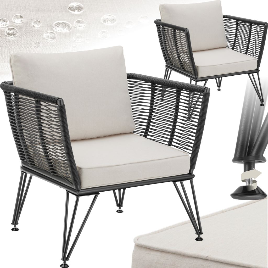 Two outdoor lounge chairs with cream cushions and black rope-like detailing on a light gray and white background with water droplet graphics.