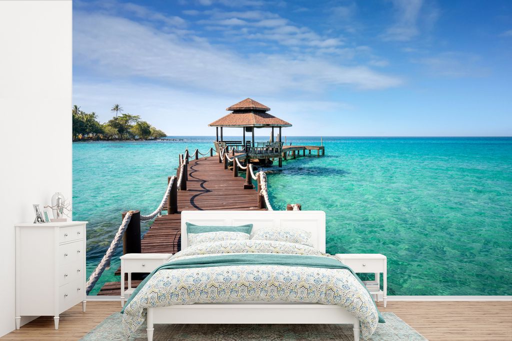 MuchoWow Fototapete für Wohnzimmer oder Schlafzimmer Wandtapete Vinyl Motivtapete Meer - Pier - Bar - 525x350 cm - Das Hintergrundbild