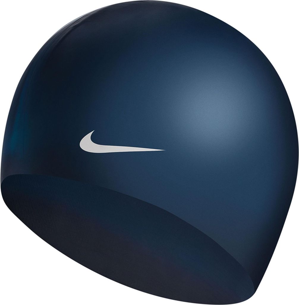 A dark blue Nike swim cap with a white Nike swoosh logo.