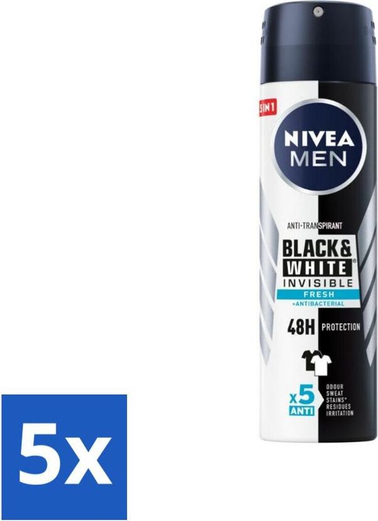 NIVEA Men Deodorant Spray Invisible für Black & White Fresh 150 ml - Vorteilspack - 5 Stücke