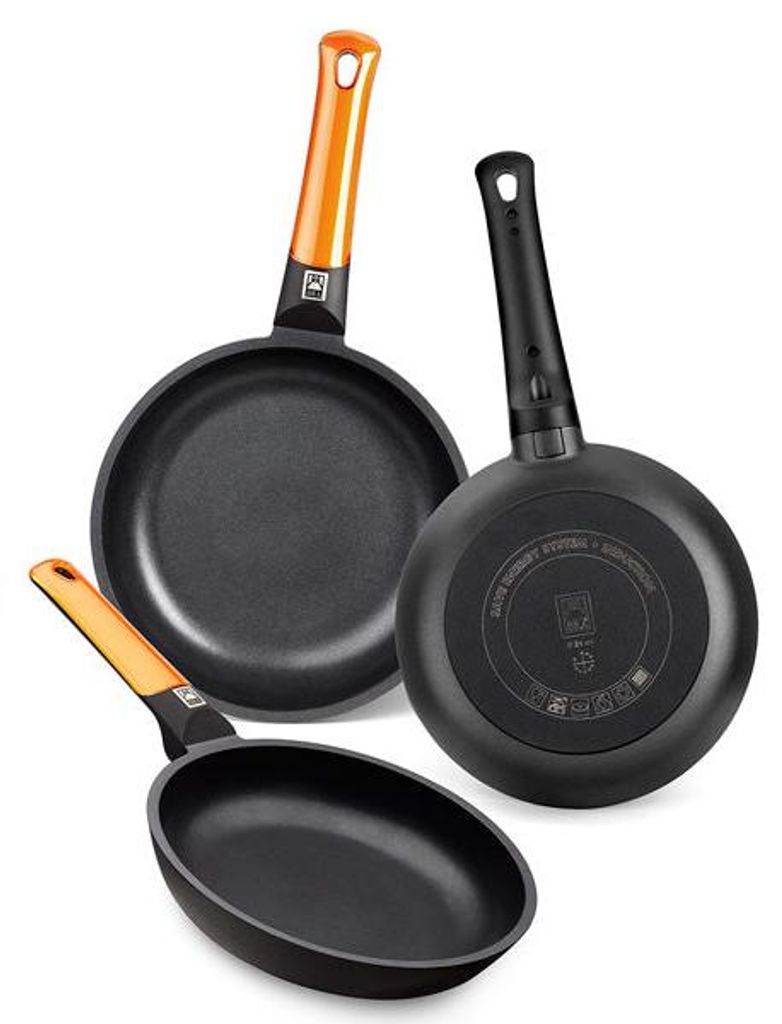 BRA Efficient Orange | Set mit 3 Bratpfannen, Aluminiumguss, mit PFOA-freier dreilagiger Antihaftbeschichtung, 20–24–28 cm, Orange