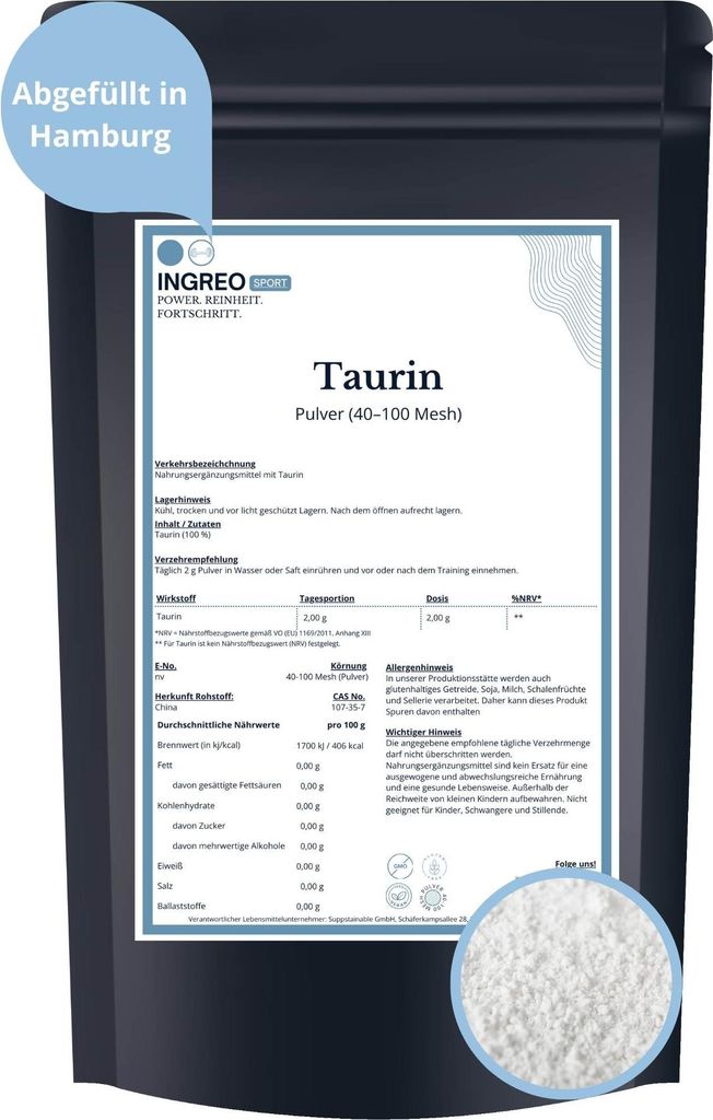 Taurin Pulver (40-100 Mesh) – 500g