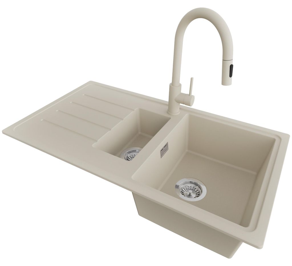 PRIMAGRAN Granitspüle Beige 90x50cm, Spülbecken 1,5 Becken + Küchenarmatur 40x20cm + Ablauf-Set, Küchenspüle ab 60er Unterschrank - Kopenhagen...