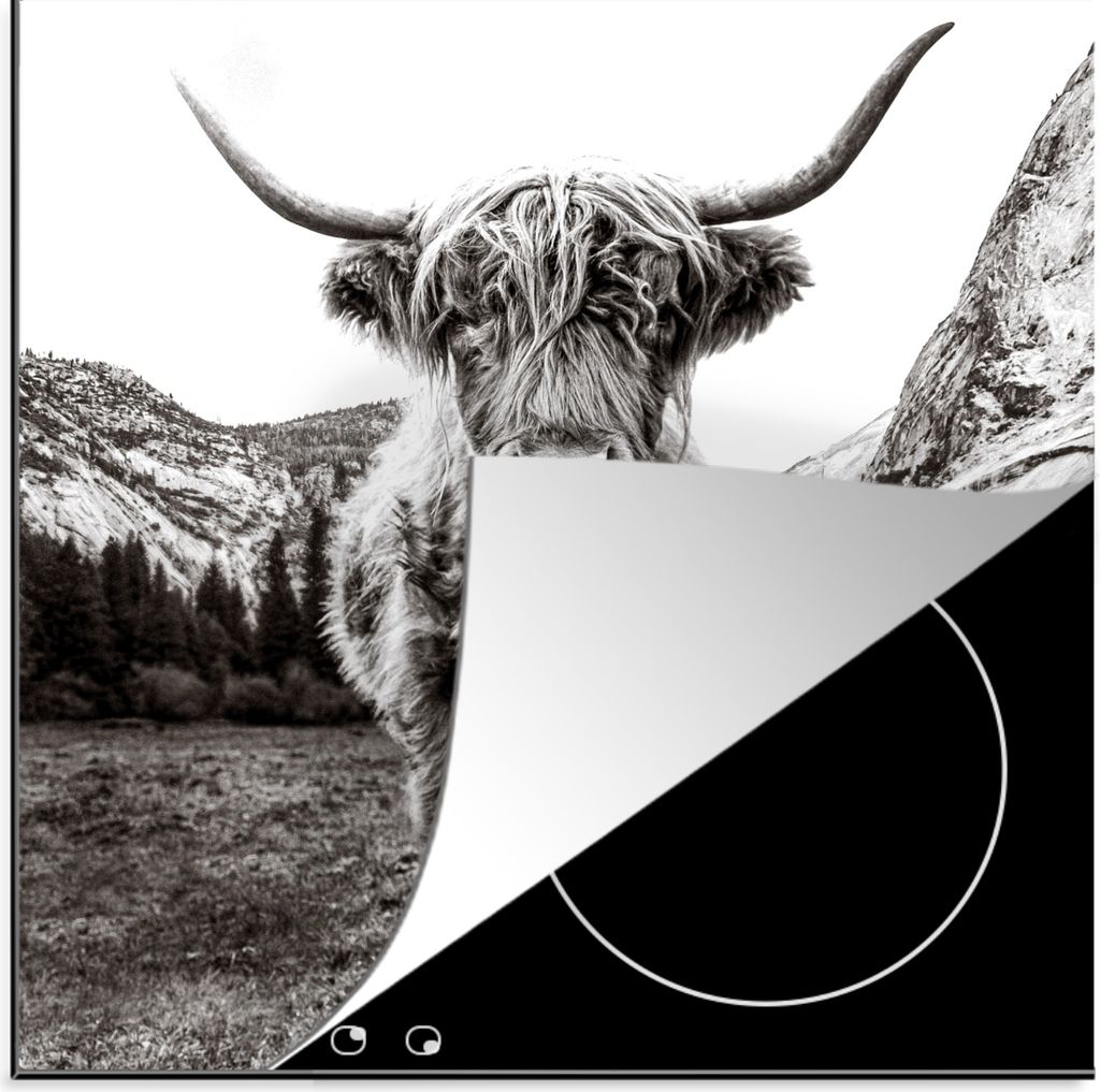 KitchenYeah Herdabdeckplatte Berg - Schwarz - Weiß - Schottischer Highlander , 78x78cm, Küche Deko, Glaskeramikkochfeld Herdabdeckung, Abdeckpl...