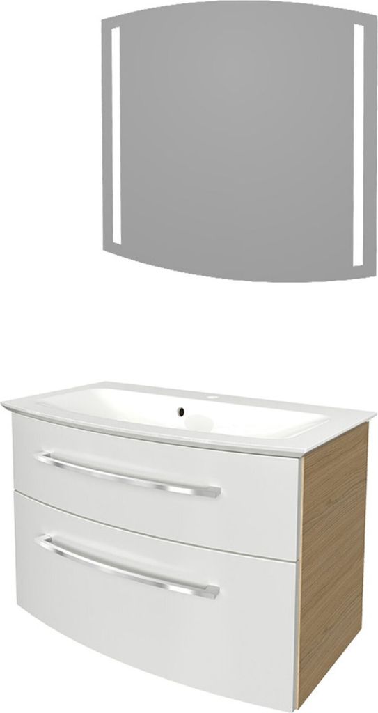 Fackelmann B.STYLE Badmöbel Set 3-teilig, 83 cm, Weiß/Braun inkl. LED-Spiegel