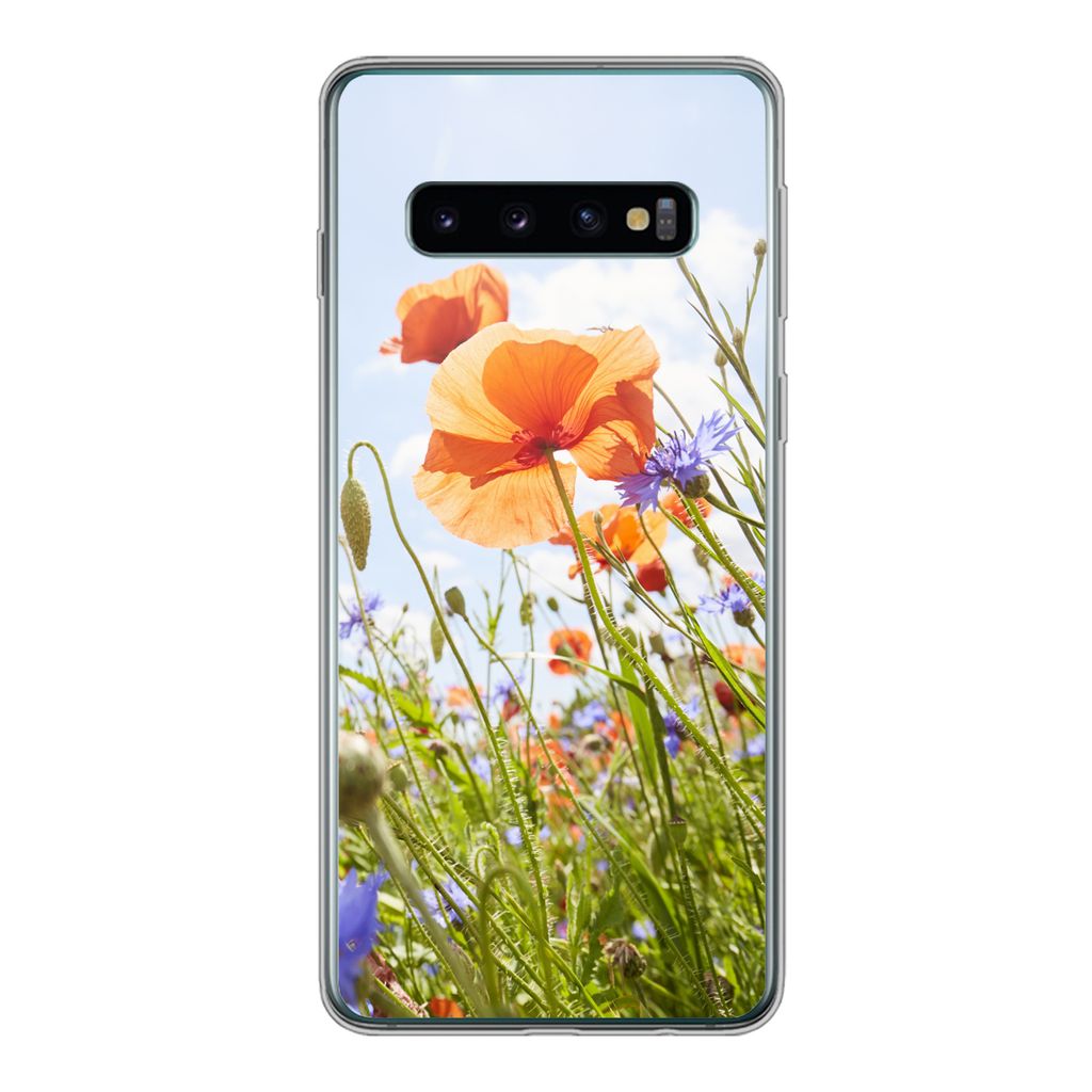 MuchoWow Handyhülle Schutzhülle Hülle für Samsung Galaxy S10 Blumen - Mohn - Frühling - Natur - Rot - Blau Silikon Softcase Handy Hülle - H...