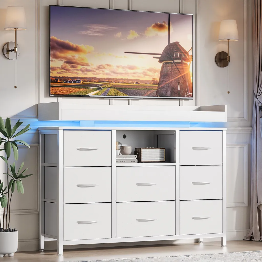 Commode LED RGB à 8 tiroirs avec prises intégrées et structure acier - 11