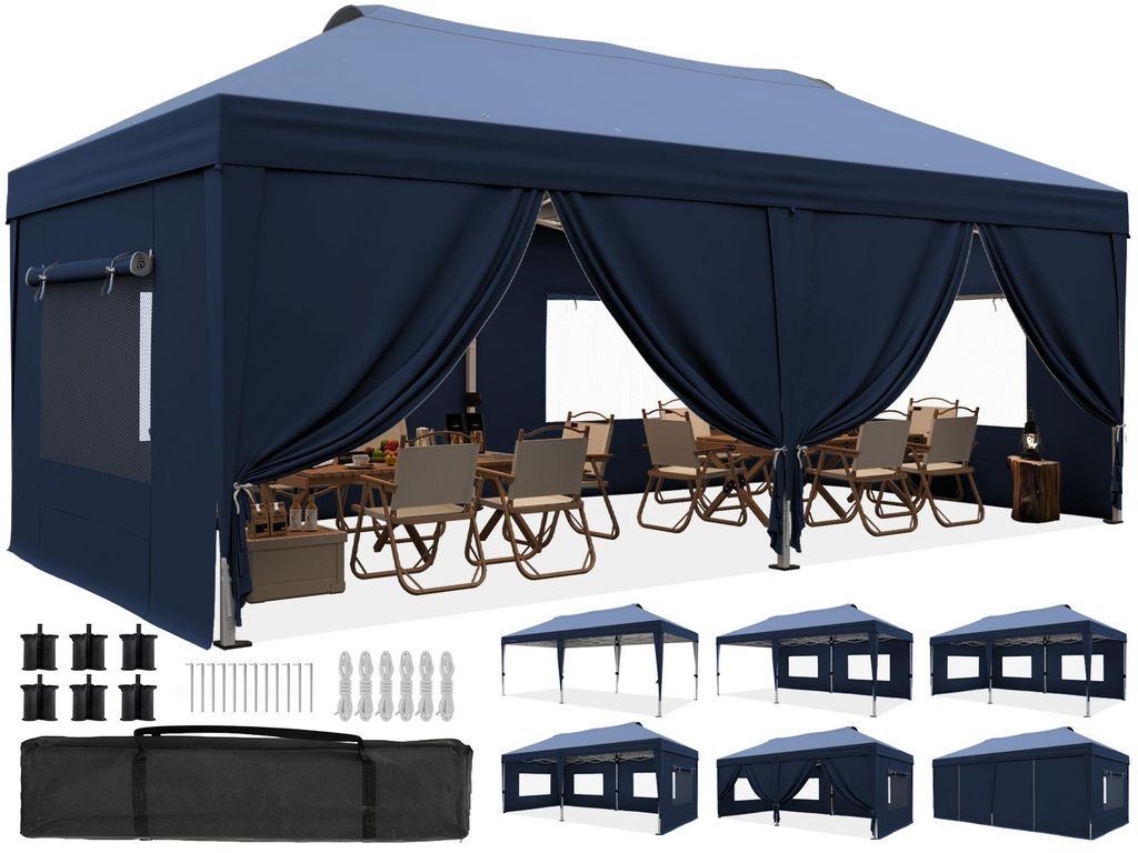 Quictent Pavillon 3x6m Faltpavillon EIN-Tasten-Zentralverriegelung,Wasserdicht UV-beständig, Gartenpavillon faltbar mit 6 Seitenwänden, Blau