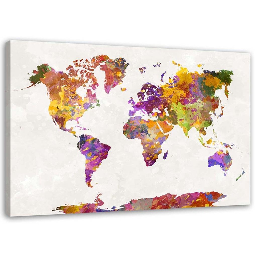 Leinwandbild weltkarte mit aquarellflecken 60x40 cm Feeby farbe wandbild bereit zum aufhängen