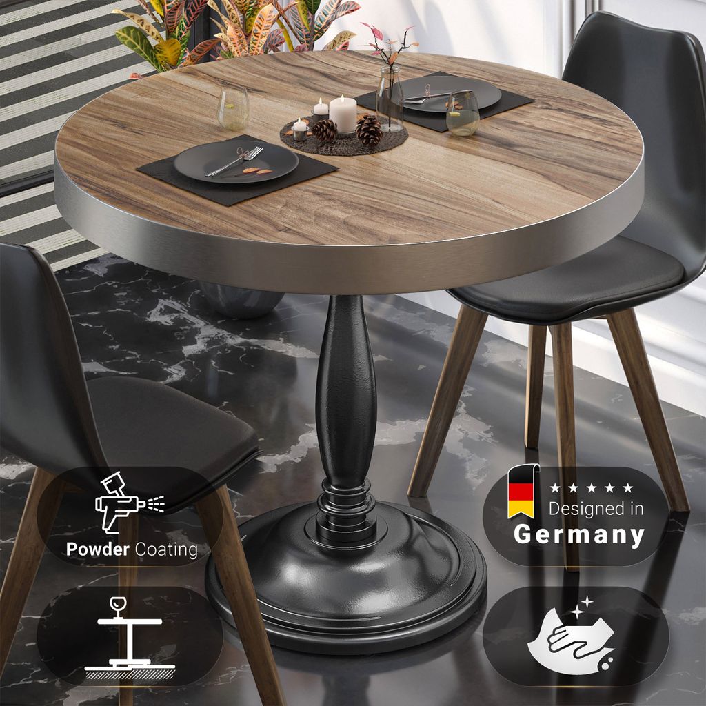 BD | Bistro Tisch | Ø 70 x 78 cm | Rund | Edelstahl Rand | Sheesham / Schwarz | Bistrotisch Gastro Tisch