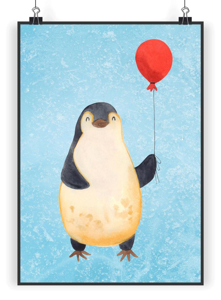 Mr. & Mrs. Panda Poster Pinguin Luftballon DIN A5 - Eisblau - Geschenk, drucke, Kirmes, wanddeko, Wandbild, Wanddekoration, Kunstdruck, Glück, Jah...