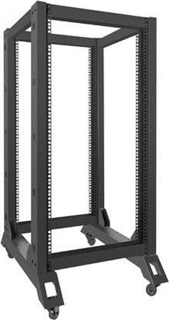 A black server rack on wheels, shown from a three-quarter front view.