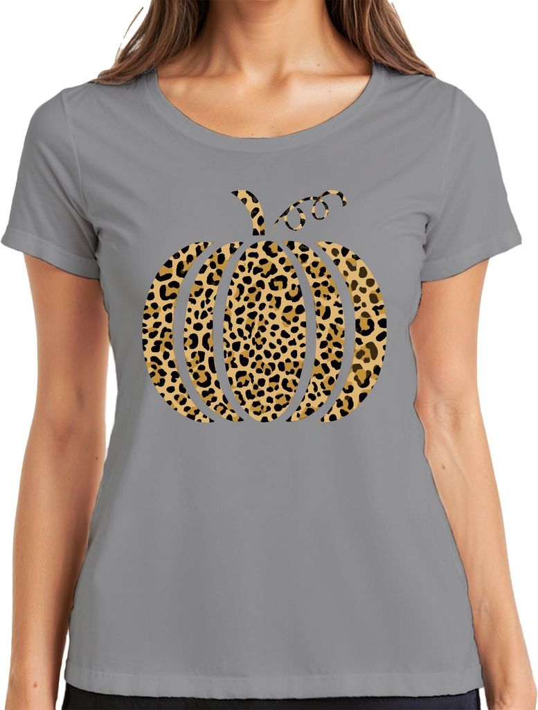 Leopardenmuster Kürbis Herbst Halloween Animalprint Boho Chic Damen T-Shirt, Grau, S