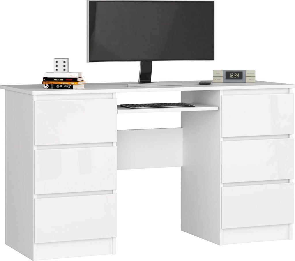 Schreibtisch – Bürotisch – Computertisch – Büroschreibtisch – 135 cm – Weiß / Hochglanz – Großer Computertisch mit 6 Schubladen und...
