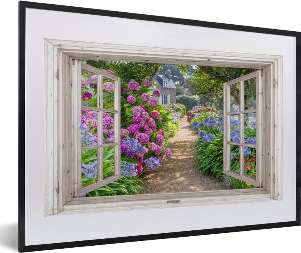 MuchoWow Gerahmtes Poster Hortensie - Durchsichtig - Blumen - Sommer - Lila - Weg 60x40 cm - Poster mit Schwarzem Bilderrahmen Wandposter Rahmen ...