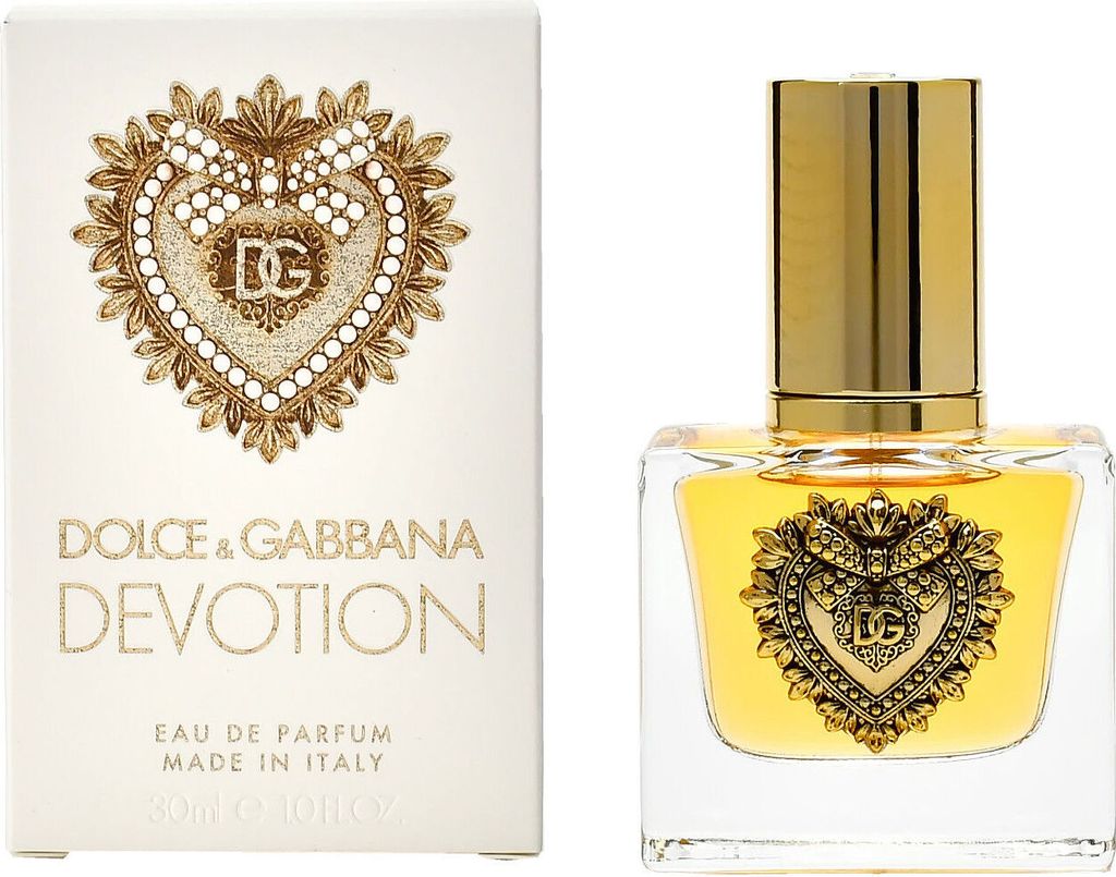 A product shot of Dolce & Gabbana Devotion Eau De Parfum spray and its packaging.