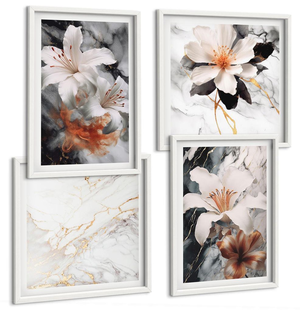 Bilder Set 4-teilig im weißen Rahmen – Wandbilder 4 Stück – gerahmte Poster für Wohnzimmer, Schlafzimmer und Flur – 50x50 cm - 40x60 cm ...