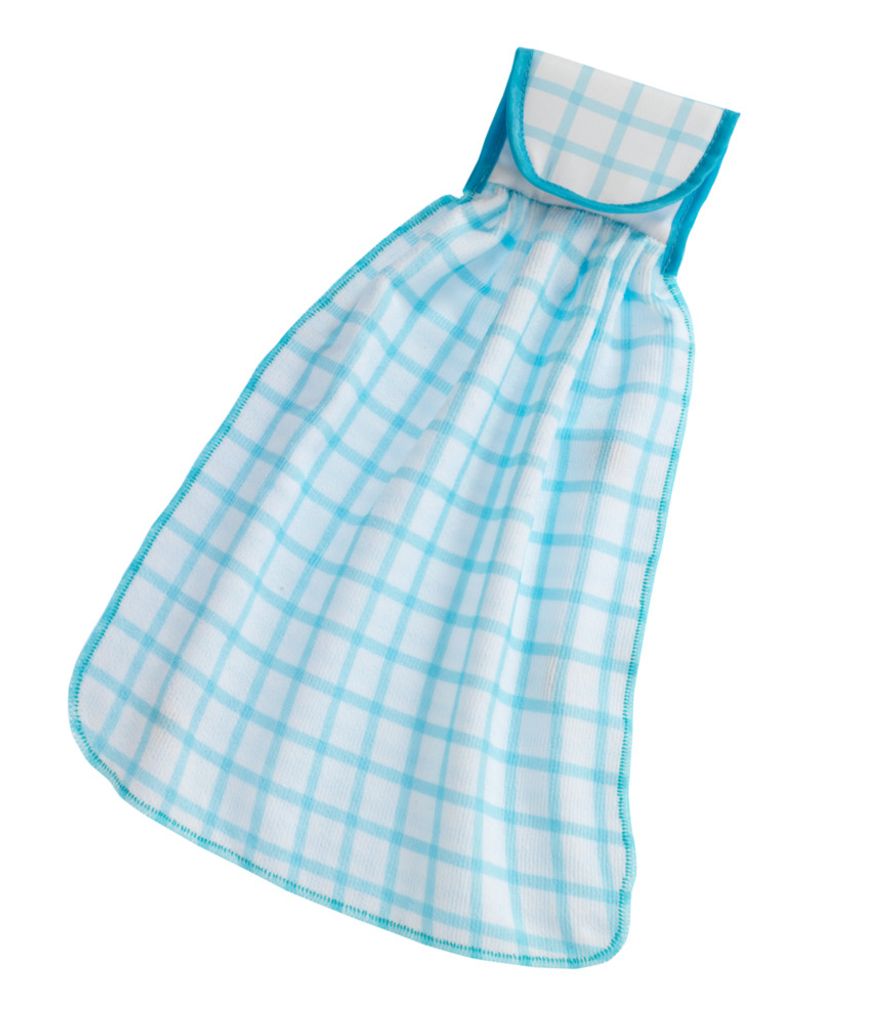 A hanging kitchen towel with a blue and white checkered pattern.
