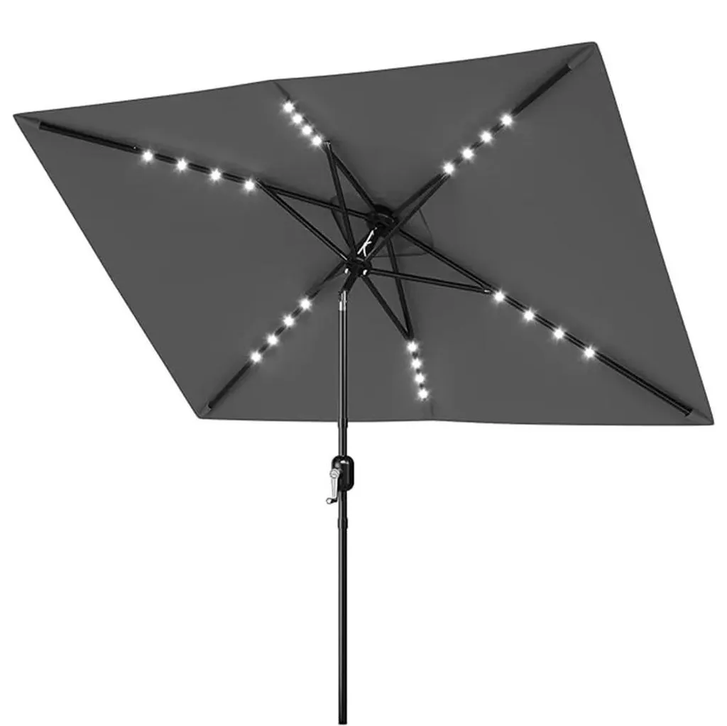 Parasol de jardin pour table rectangulaire avec éclairage solaire LED gris