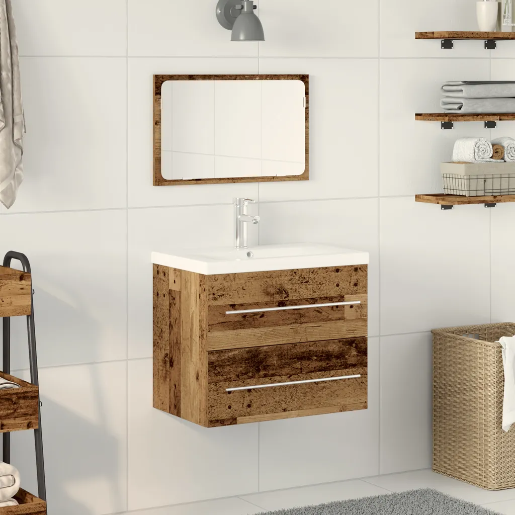 Armoire de toilette vieux bois avec lavabo intégré pour salle de bain