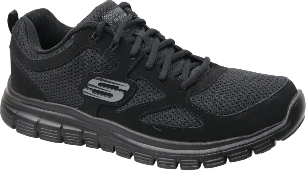 A black Skechers sneaker is shown from the side against a white background.