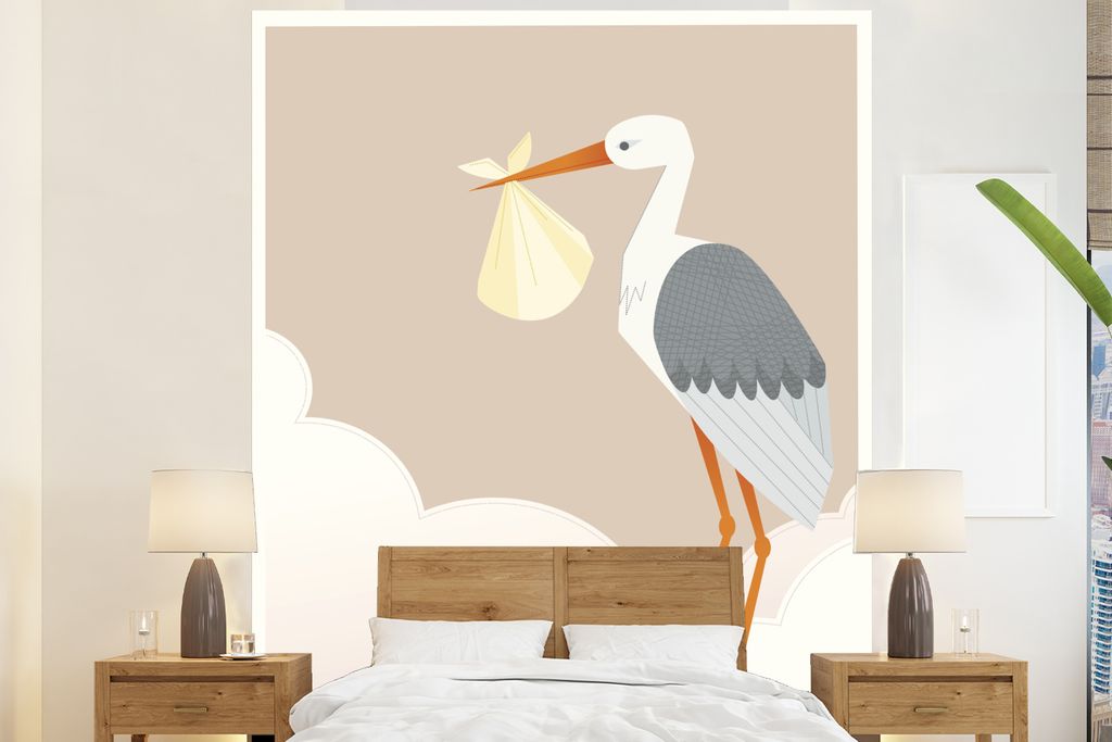 MuchoWow Fototapete für Wohnzimmer oder Schlafzimmer Wandtapete Vinyl Motivtapete Minimalistische Illustration eines Storches - 195x240 cm - Gem...