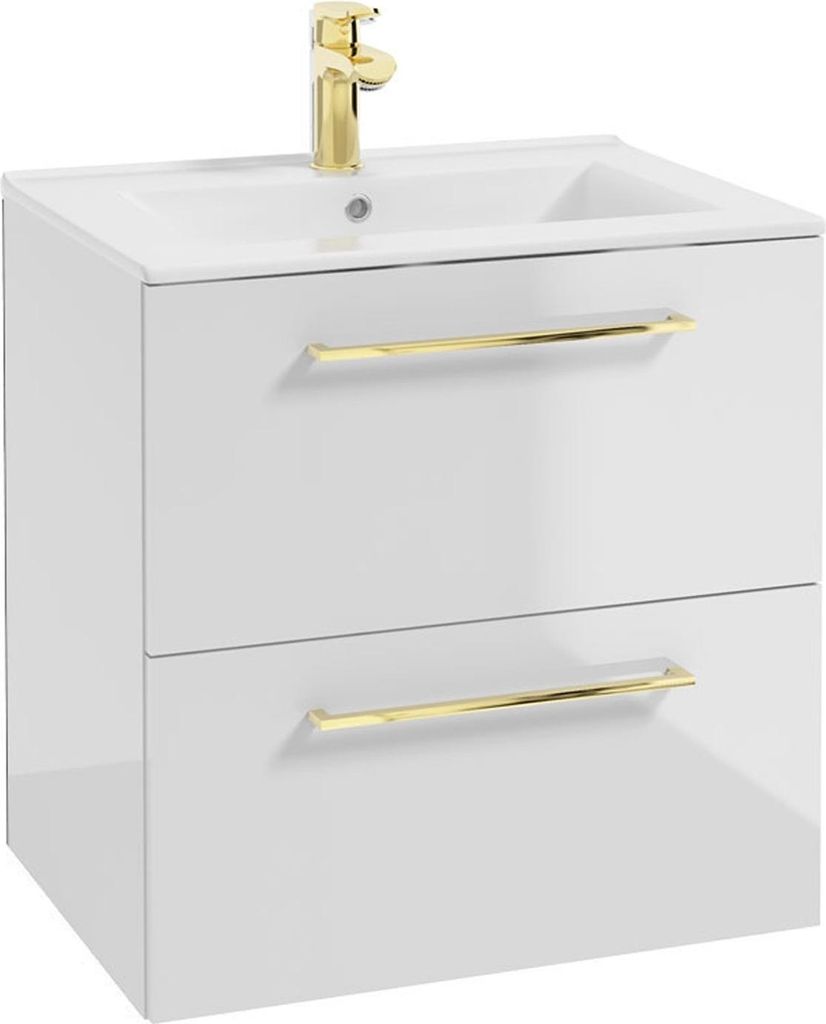 A white bathroom vanity with a sink and gold handles, shown against a white background.