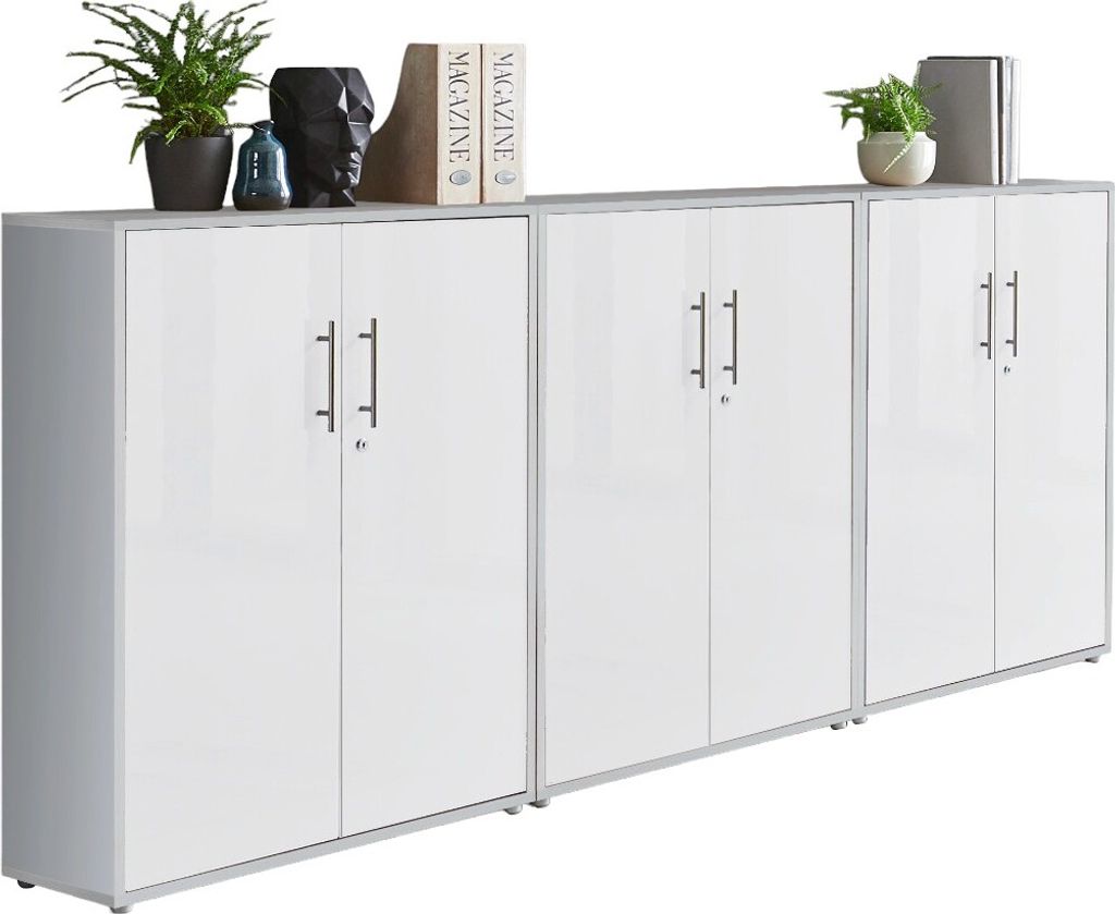 Aktenschrank TABOR 99 in lichtgrau / weiß matt, Schrankwand, Büroschrank, abschließbar, Metallgriffe