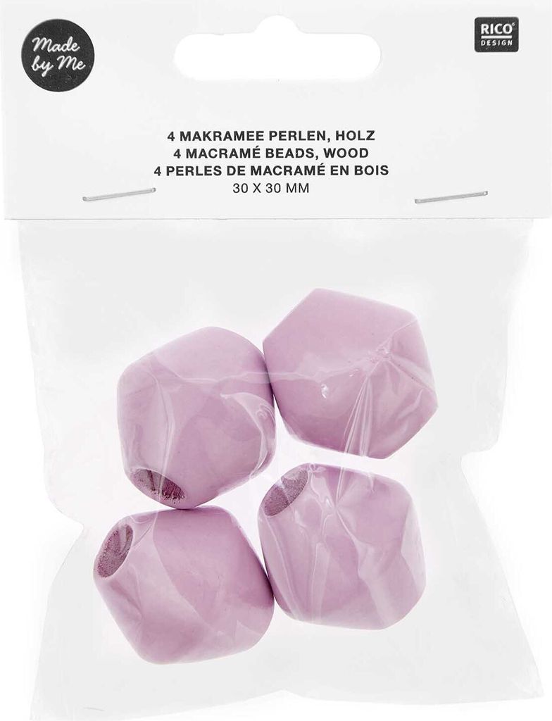 Rico Design | Makramee Perlen aus Holz | flieder, 30x30mm, Bohrung 10mm, 4 Stück