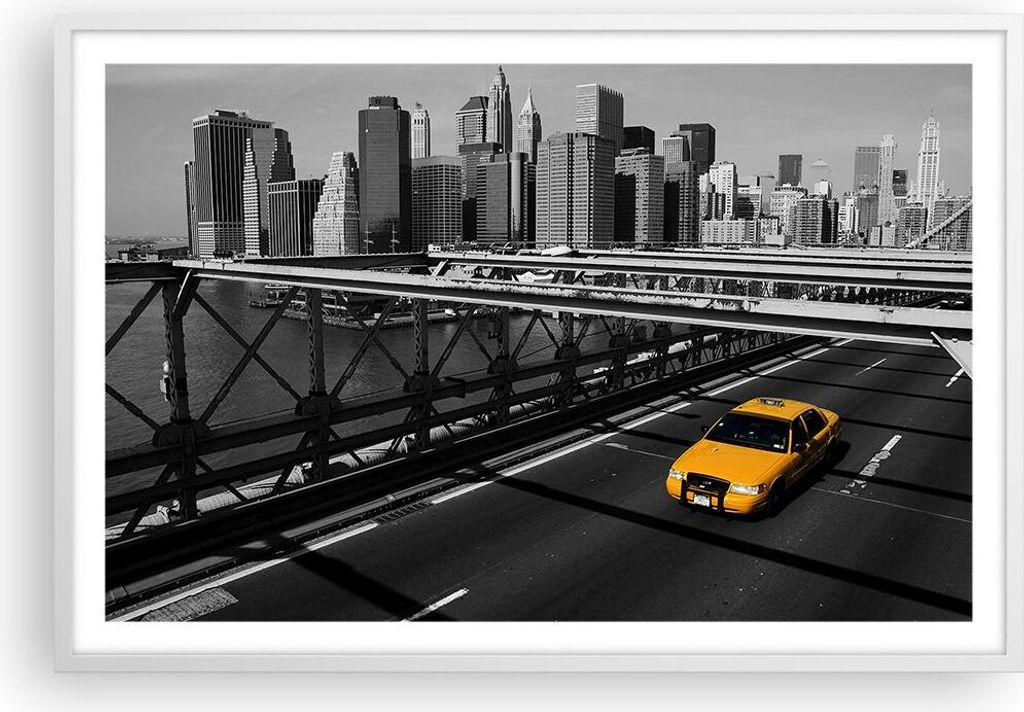 Gerahmtes Poster - Weißer Rahmen - New York Manhattan Brooklyn Brücke Taxi - 91,5x61 cm - Wand Bild - Wanddeko - Wandbilder - Wandposter - Bilder...