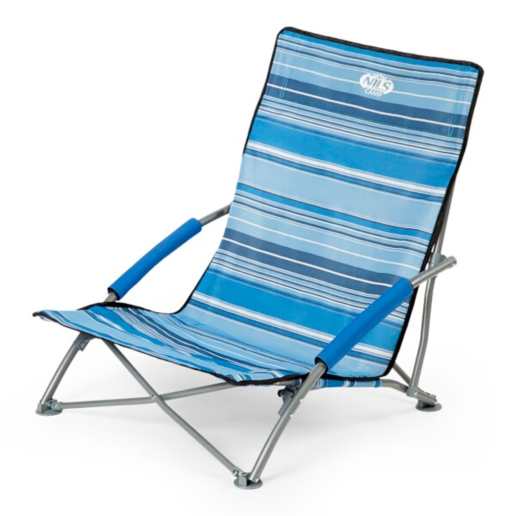 A striped blue camping chair on a white background.