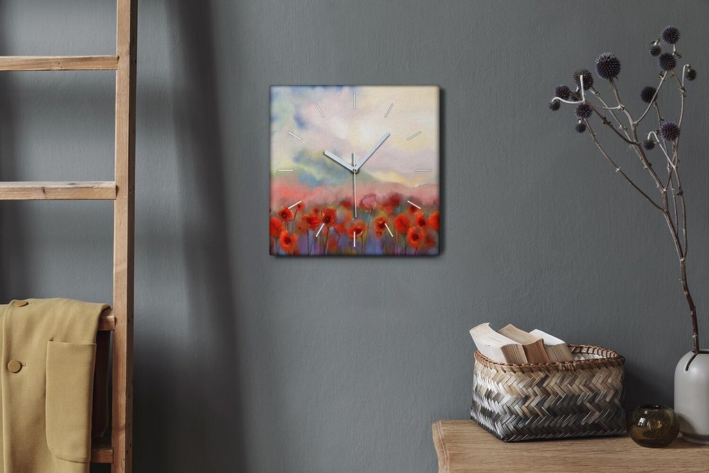 Coloray Hodiny Unikátní 30x30 cm Tiché hodiny Pro obývací pokoj a kuchyň Nástěnné hodiny Plátno Bílé ručičky hodin - Květiny mák Kv...