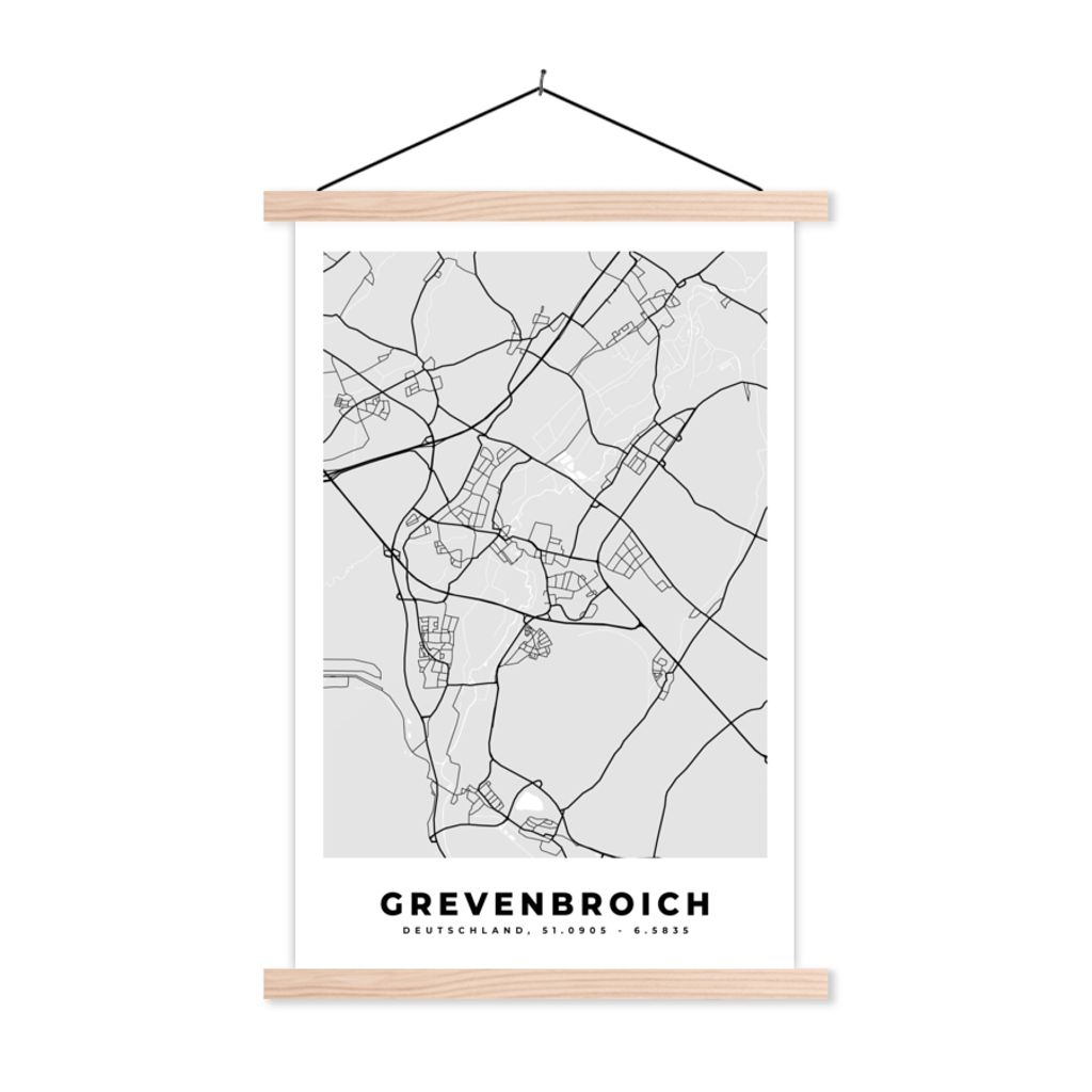 MuchoWow Textilposter Karte - Grevenbroich- Deutschland - Stadtplan 60x90 cm mit holzfarbenen Rahmen - Textil