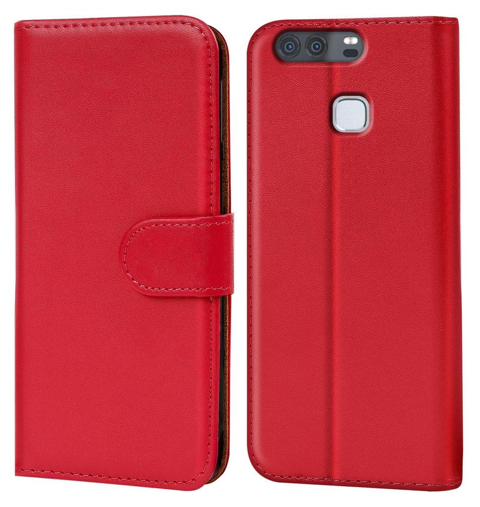 A red flip case for a Huawei P9 phone is shown from two angles.