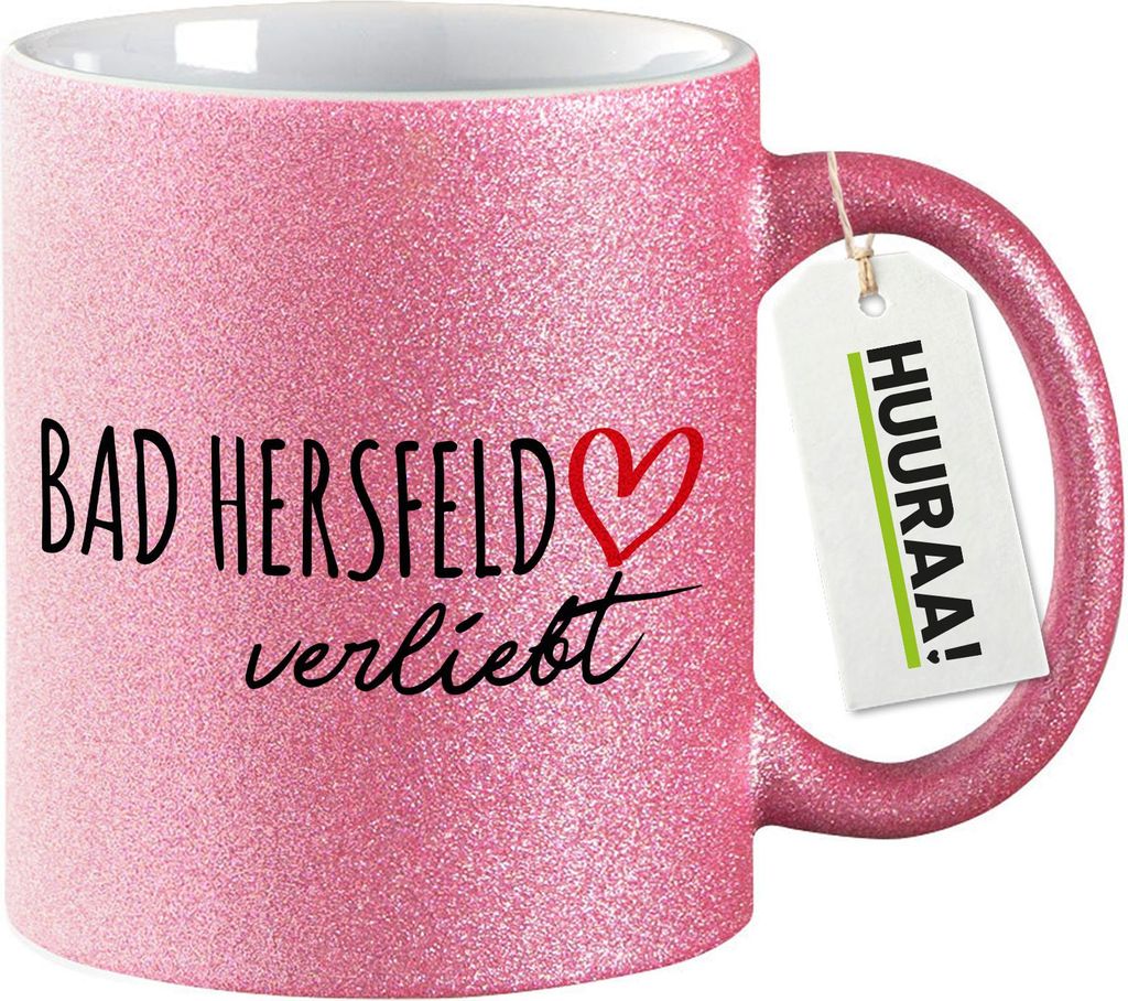Huuraa Glitzertasse Bad Hersfeld verliebt 330ml Pink Keramik Kaffeebecher Geschenkidee