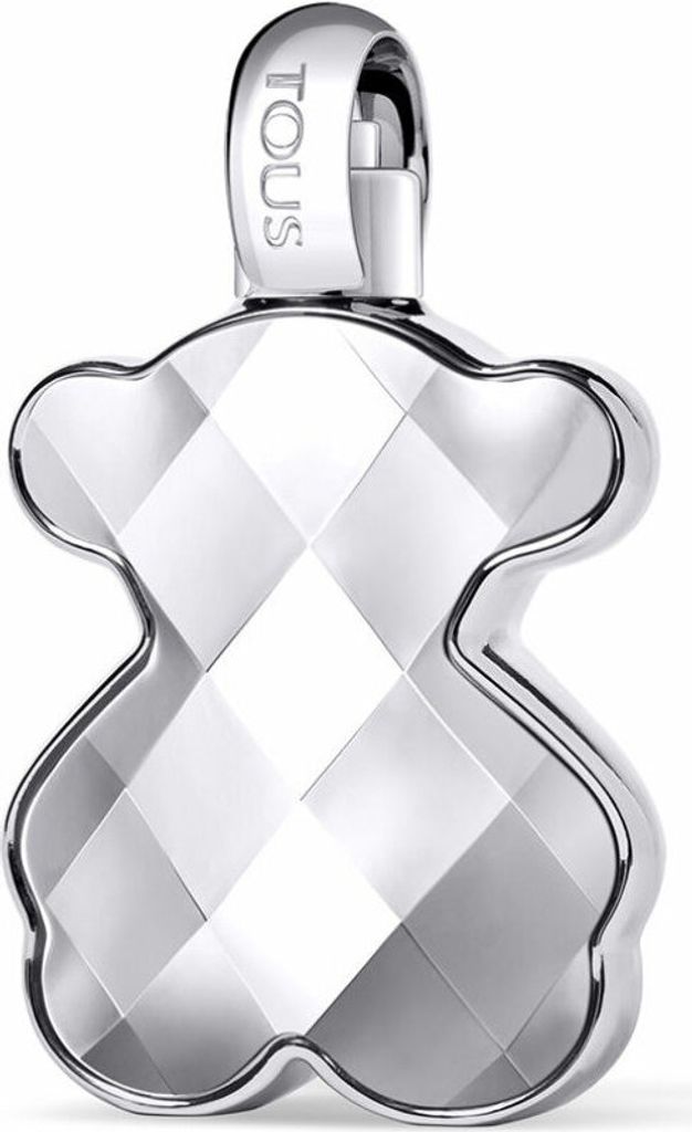 A silver-colored pendant shaped like a teddy bear with faceted surfaces, on a white background.