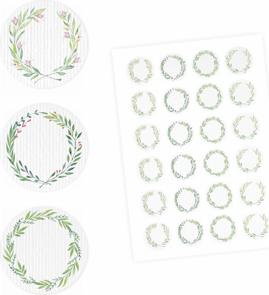 24 Universaletiketten - Blumenranke grün - rund 4 cm Ø - Haushaltsetiketten Sticker Aufkleber