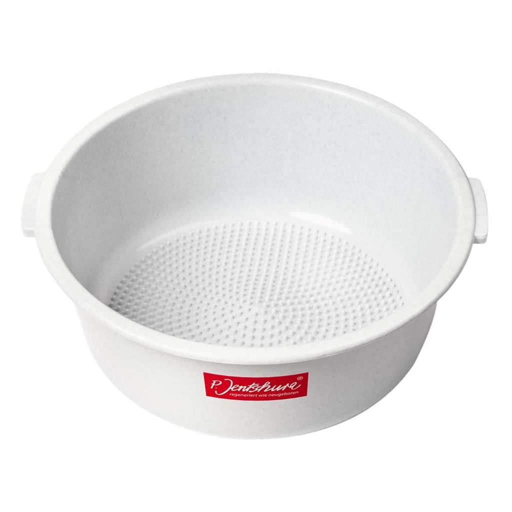 A white plastic foot bath with a textured bottom and handles on the sides. A red logo is visible on the front.