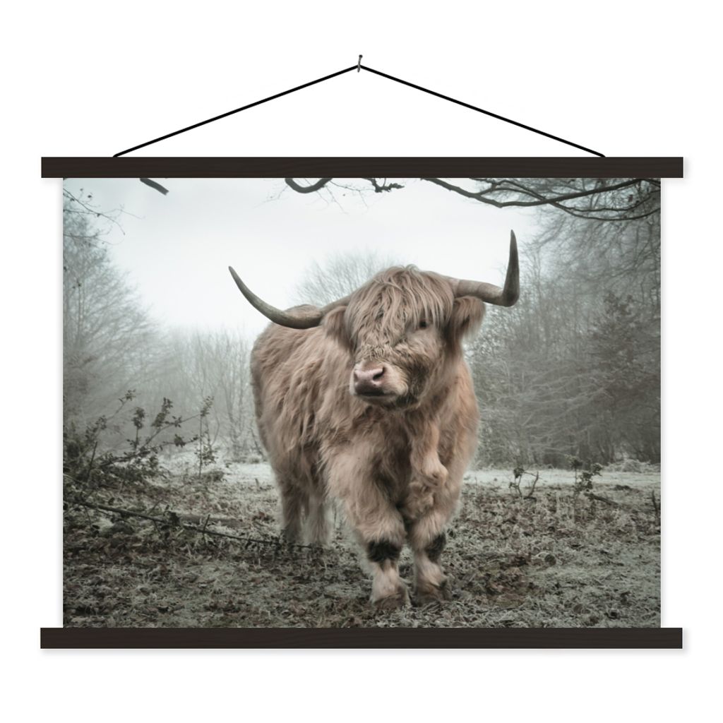 MuchoWow Textilposter Schottische Highlander - Natur - Herbst - Tiere - Wildtiere - Wald 150x113 cm mit holzfarbenen Rahmen - Poster