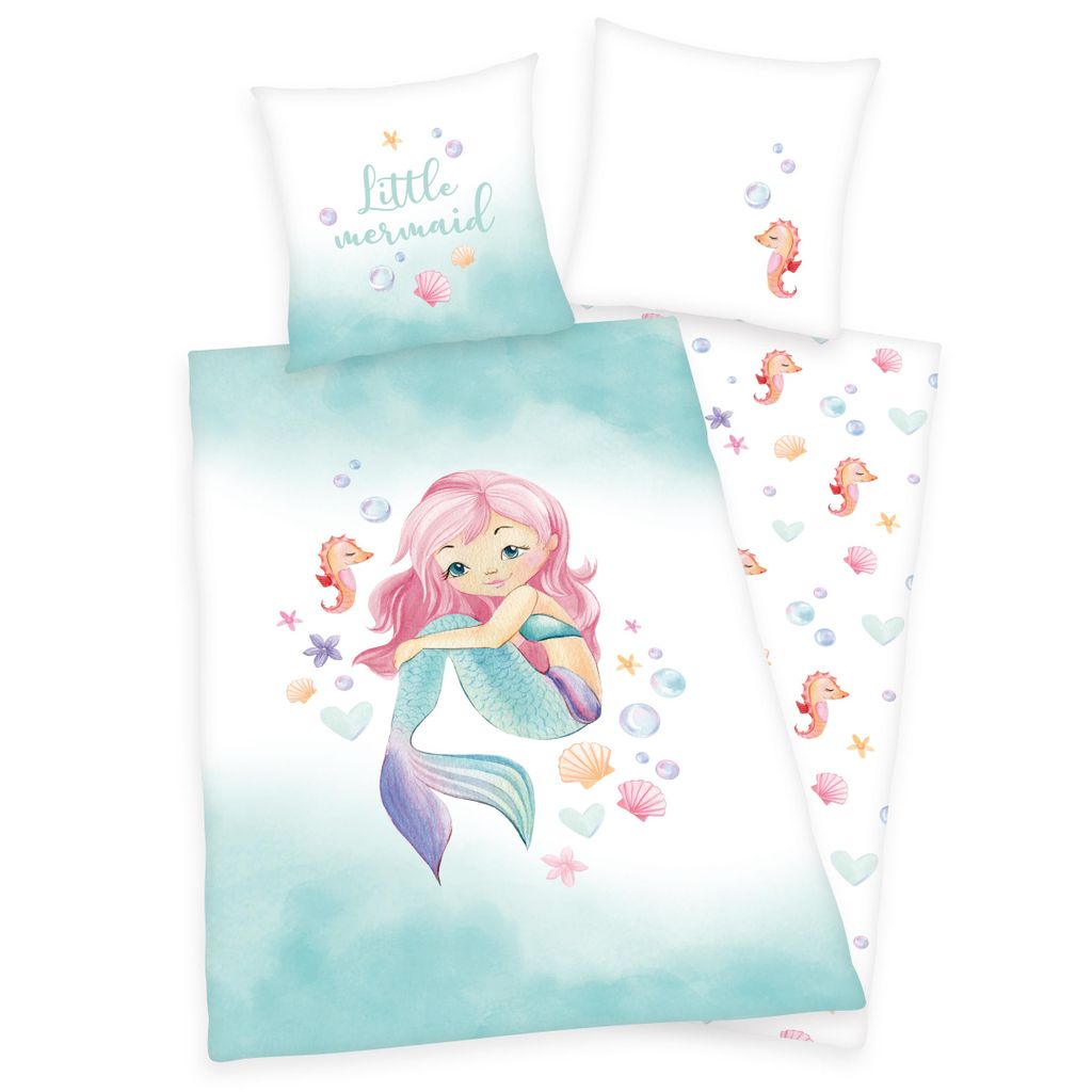 A children's bedding set with a mermaid theme.