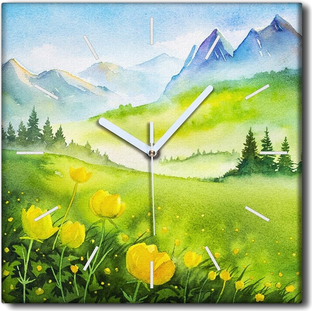 Coloray Uhr auf Leinwand 30x30 cm Wand Uhr Dekoration Wohnzimmer Segeltuch weiße Zeiger -Berglandschaft Wiese.