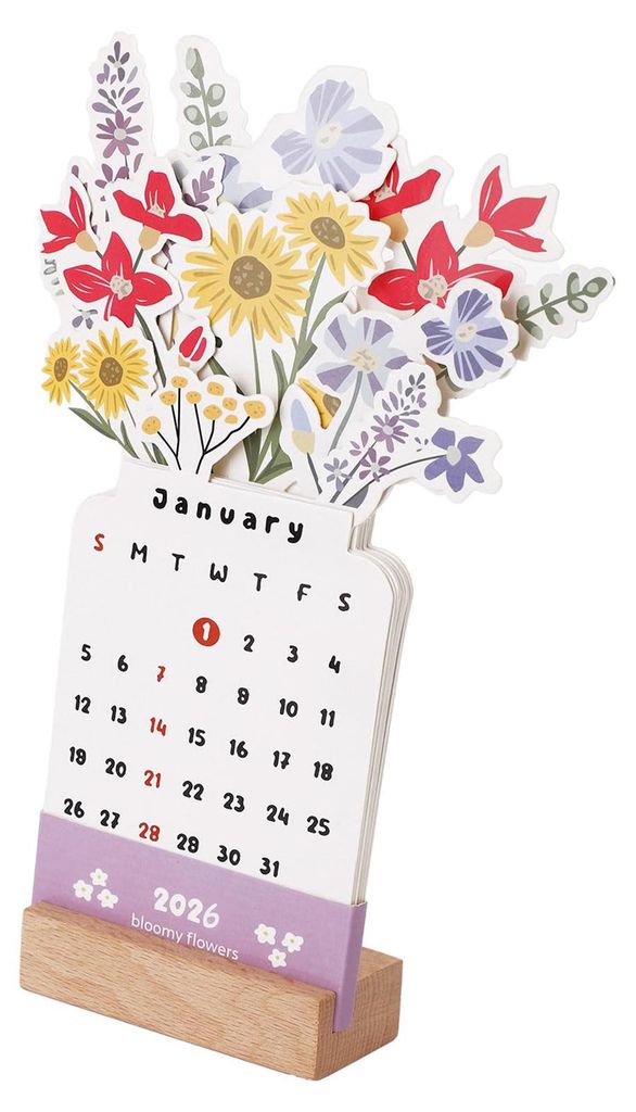 Blumenvasen-Kalender 2026, floraler Tischkalender mit Holzsockel, blühender Blumen-Monatskalender für Zuhause, Büro, Schule