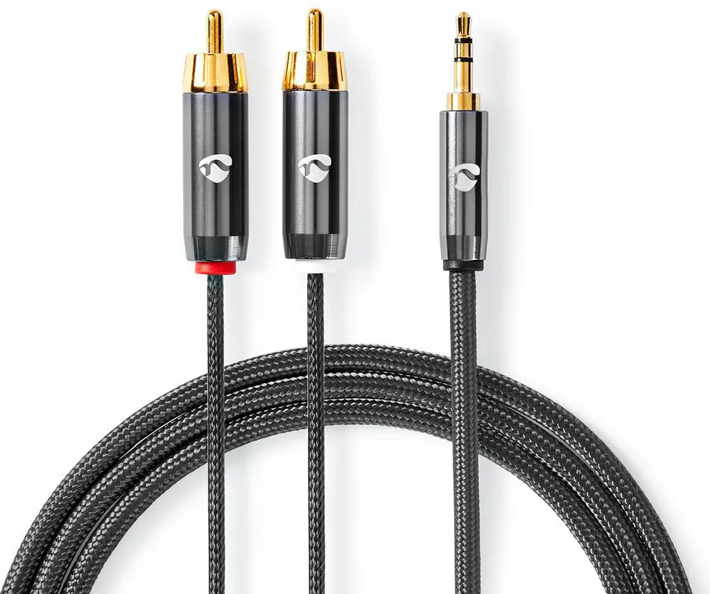 Cavo audio stereo | 3,5 mm maschio | 2x RCA maschio | Placcato oro | 1,00 m | Rotondo | Grigio / Grigio con metallo | Cartone con finestra coperta