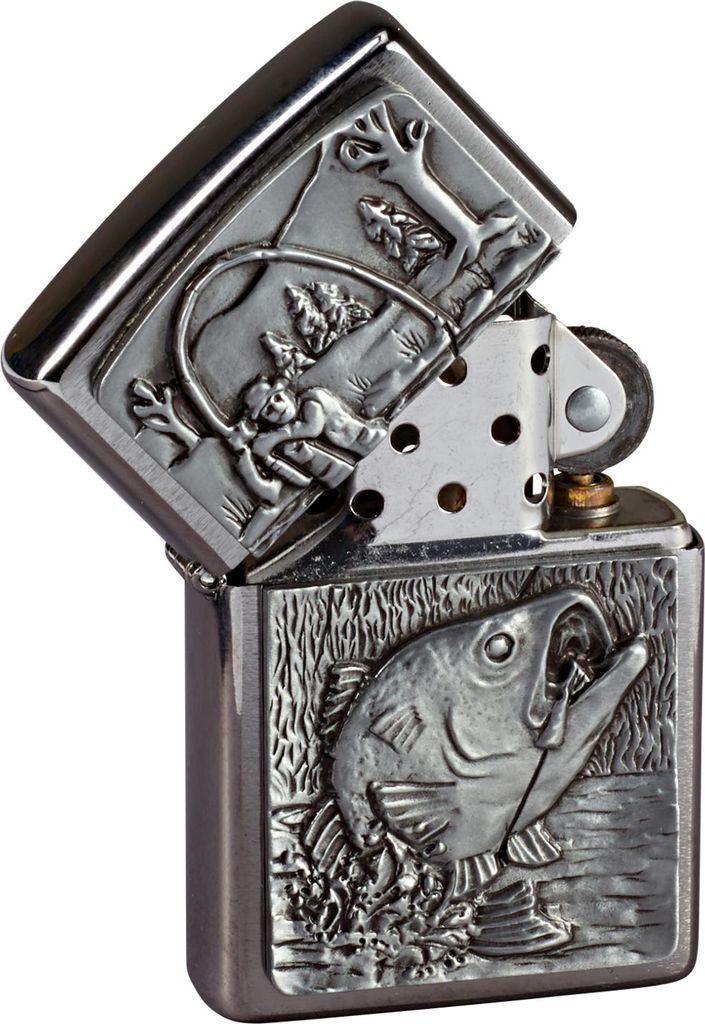 A close-up of a Zippo lighter with a fishing theme.