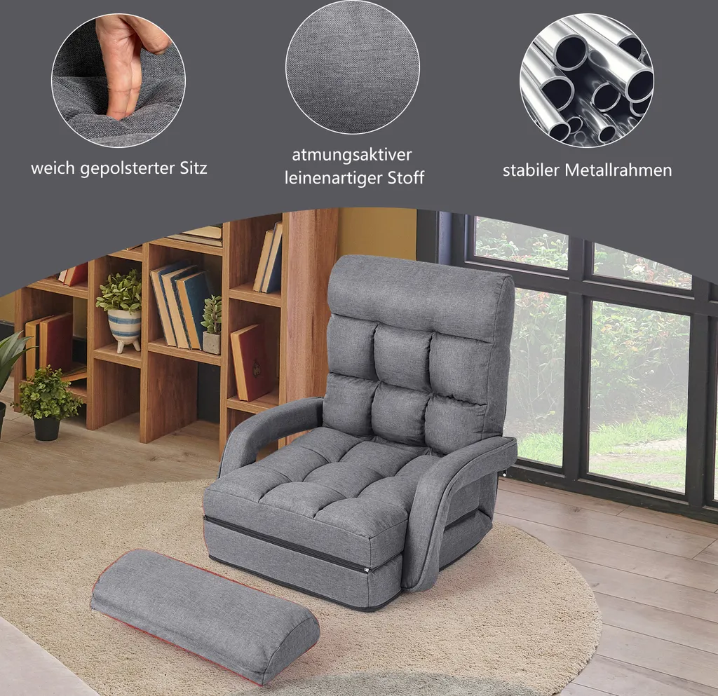 Canapé de sol pliable gris : solution gain de place et confort dos réglable