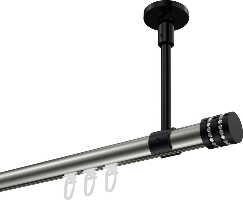 Interdeco Innenlaufstange / Gardinenstange mit Innenlauf Edelstahl-Optik / Schwarz, Typ Sonette Estana (Glitzerkappe) Deckenmontage, 20 mm Ø 1-lä...