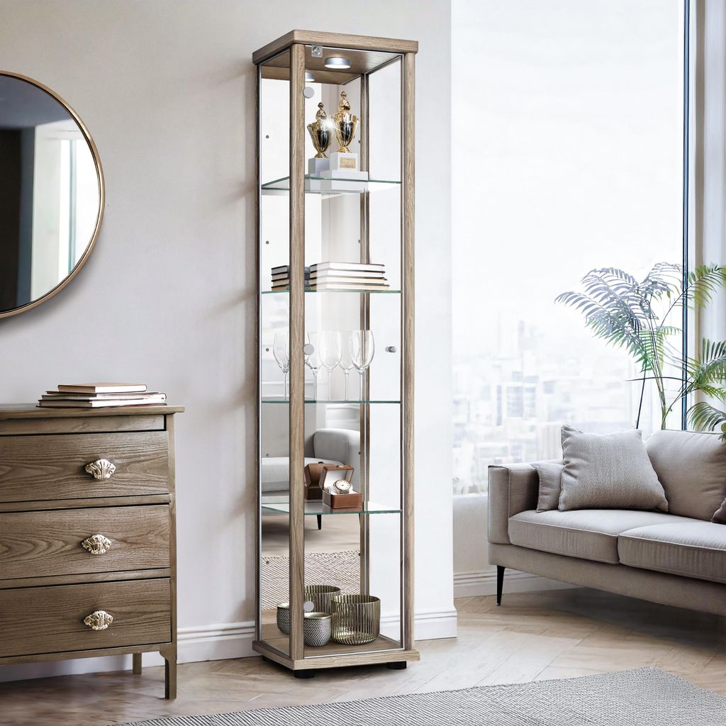 K-Möbel Glasvitrine stehend in Sonoma Eiche (176x37x33cm) mit 4 höhenverstellbaren Glasböden, Spiegel, Schloss & LED - Standvitrine - Vitrinensc...